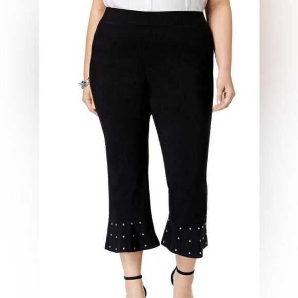 NWT INC 2P Blk Ponte Studded Ruffled Capri Pants - Picture 1 of 7